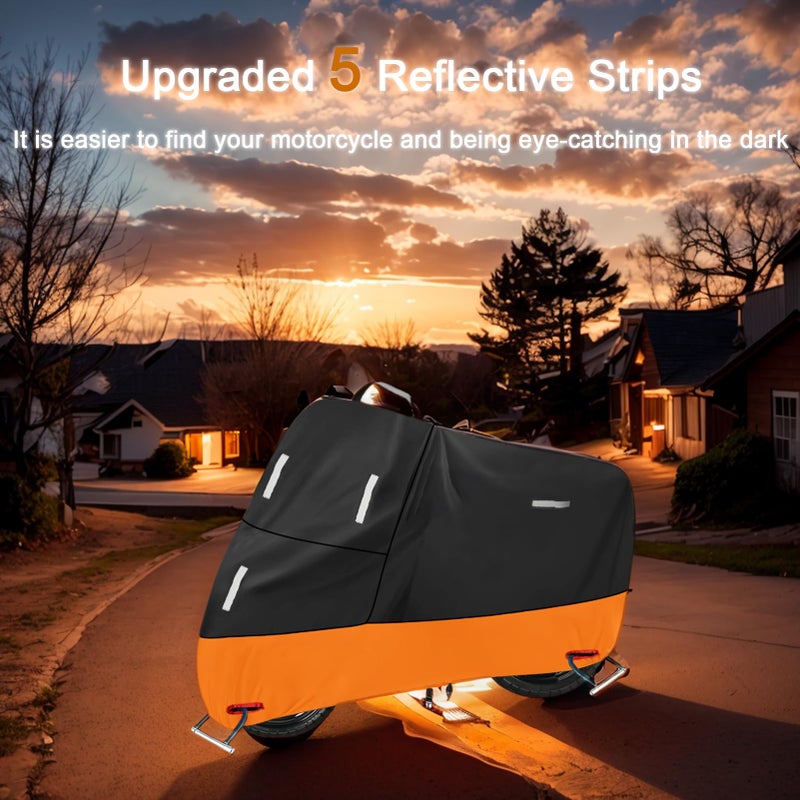 SECELES Motorcycle Covers Waterproof Outdoor Storage All Season UV-Resistant Funda para Moto for Honda Kawasaki Z900 RS Yamaha V-Star R3 R7, Windproof Buckles (XXL 86"" x 37"" x 50"", Black & Orange) - Image 4